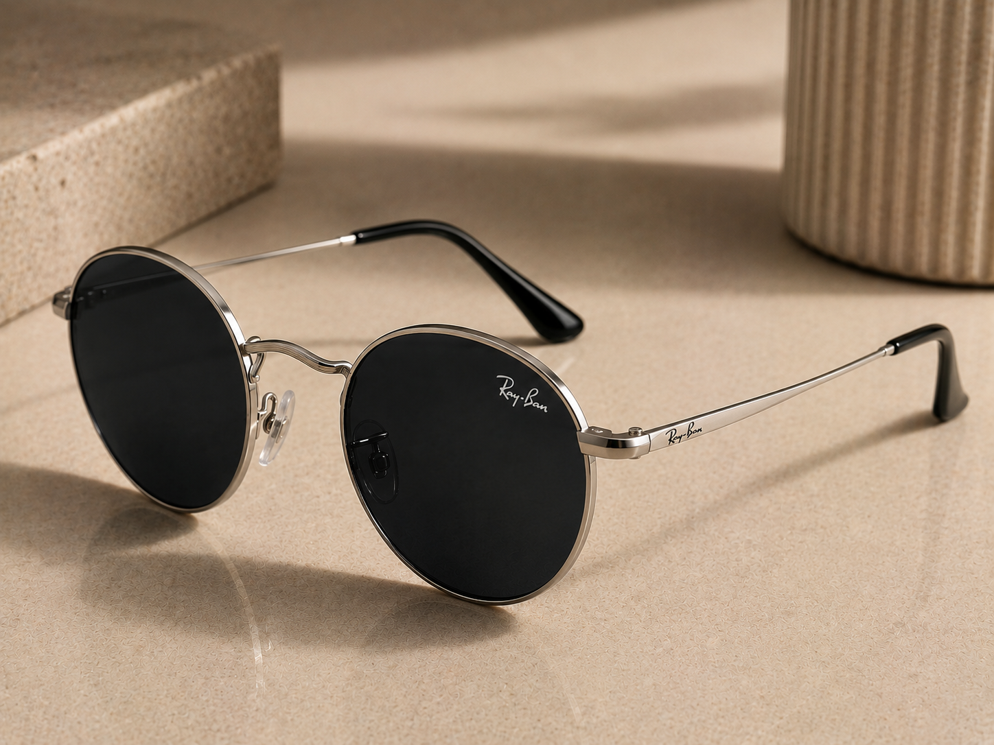 RB-Round Classic Metal Sunglasses – Black Lens Silver Frame