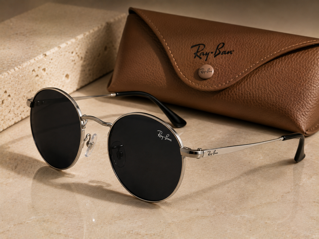 RB-Round Classic Metal Sunglasses – Black Lens Silver Frame